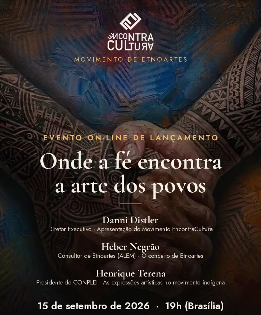 Arte do evento on-line de lançamento: Onde a fé encontra a arte dos povos, 15 de setembro de 2026, 19h de Brasília, com Danni Distler, Heber Negrão e Henrique Terena